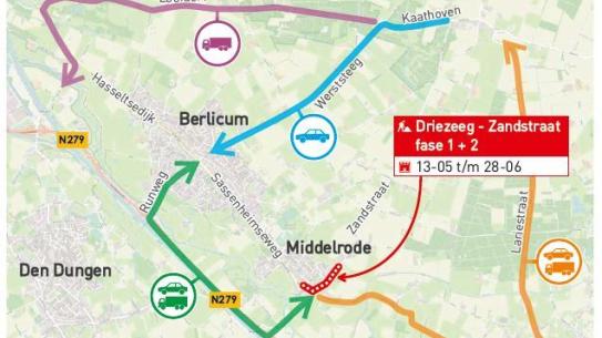 Omleidingsroute Driezeeg Zandstraat fase 1 en 2, klik voor een vergroting