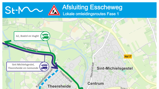 Het werkvak aan de Esscheweg sluiten we vanaf 2 maart 2026 af voor verkeer. We leiden het verkeer om via de A2 en Theerestraat. De Esscheweg wordt tijdelijk eenrichtingsverkeer. , klik voor een vergroting