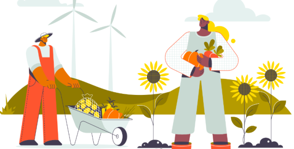 Illustratie van mensen aan het werk in de natuur
