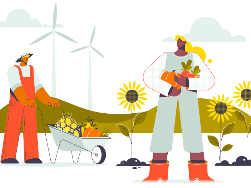 Illustratie van mensen aan het werk in de natuur