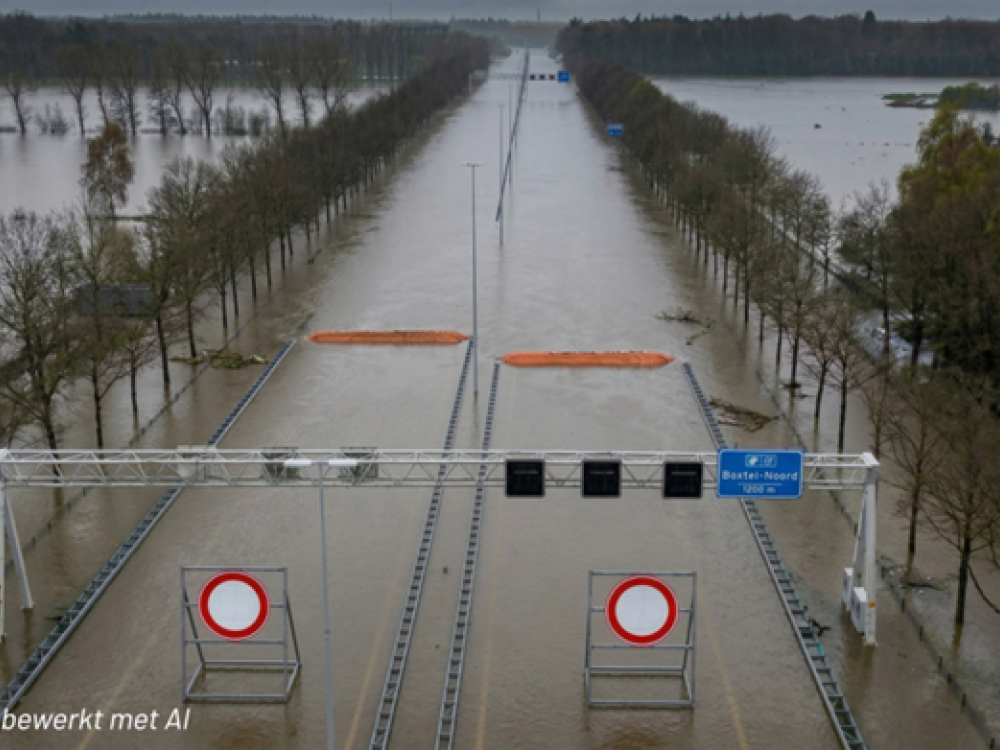 De A2 bij Boxtel-Noord die onder water staat, gemaakt met AI